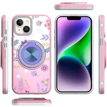 Phone Case for Apple iPhone 14/13 Magnetic Ring Stand Matte Metal Hybrid Car Mount Friendly Shockproof Rotational Grip Diamond Design Pattern Cover