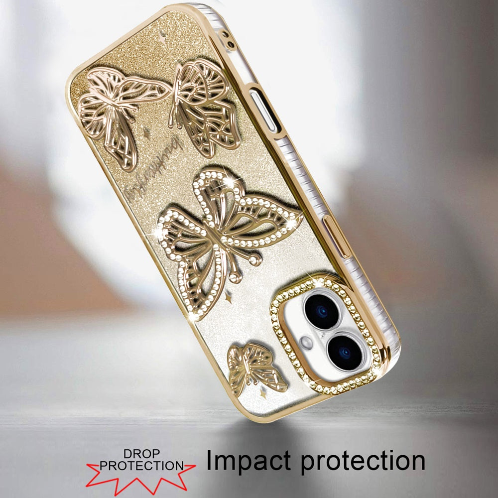 For Apple iPhone 16 Pro (6.3") Luxury Butterfly Sparkle Glitter Diamond Crystal Rhinestone Shimmer Bling Plating Thick TPU Hard PC Case Cover