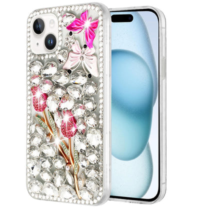 Phone Case for Apple iPhone 15 Plus Luxury Full Diamond Glitter 3D Floral Ornament Hybrid Shockproof Stylish Rhinestone Designer Protective Elegant Cover