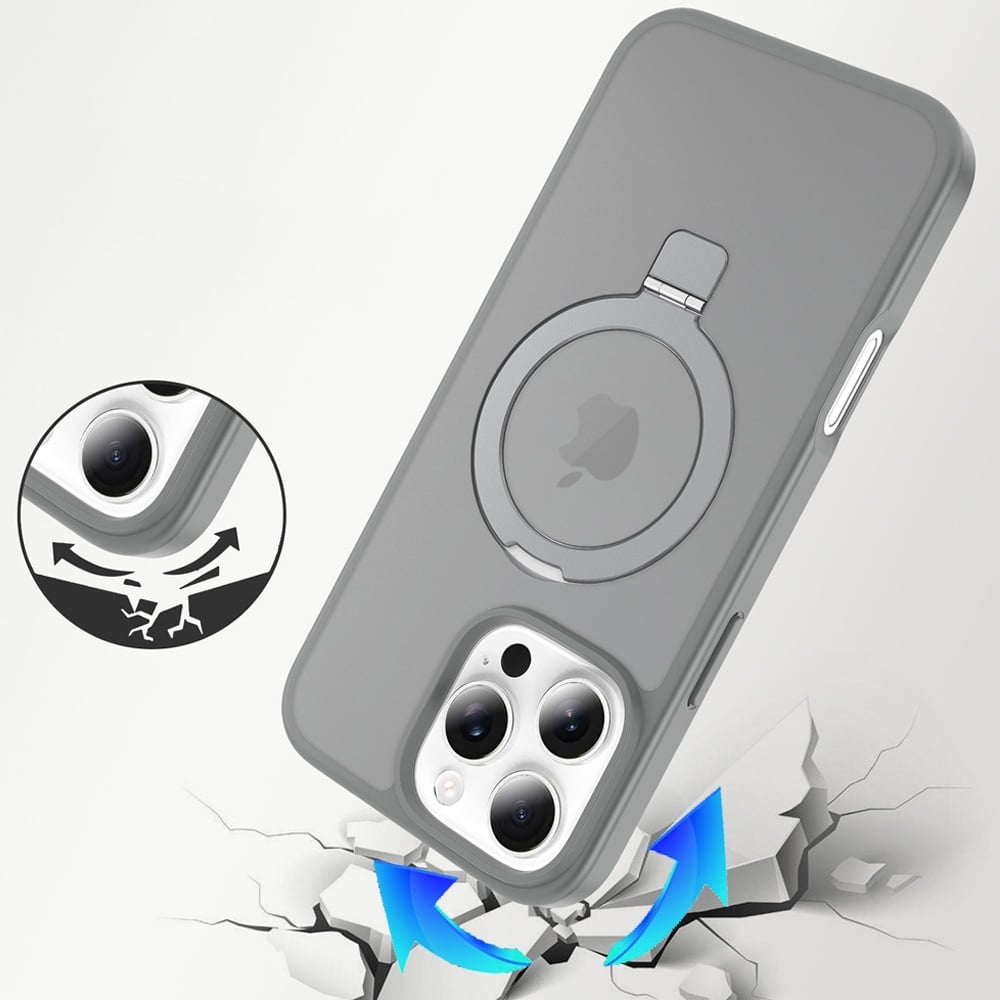 Phone Case for Apple iPhone 16 Pro Max Magnetic Ring Stand Full Rotation Matte Shockproof Grip Anti Slip Durable Camera Protection Hybrid Cover Grey