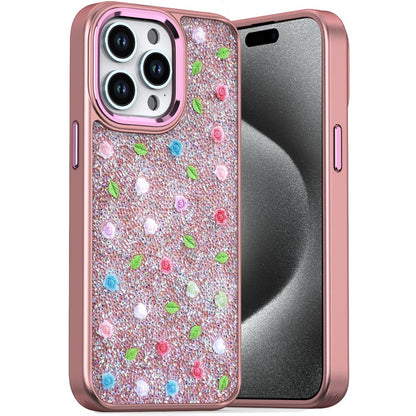 For Apple iPhone 16 Plus (6.7") Floral Design Embedded Glass Diamond Fancy Fashion Glitter Bling Sparkly Hybrid Rugged TPU Bumper Case Cover