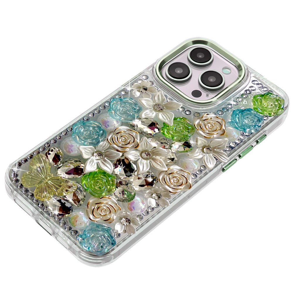 Luxury Rose Bling Rhinestone Glitter Floral Hybrid Shockproof Stylish Protective Designer Ornament Sparkle