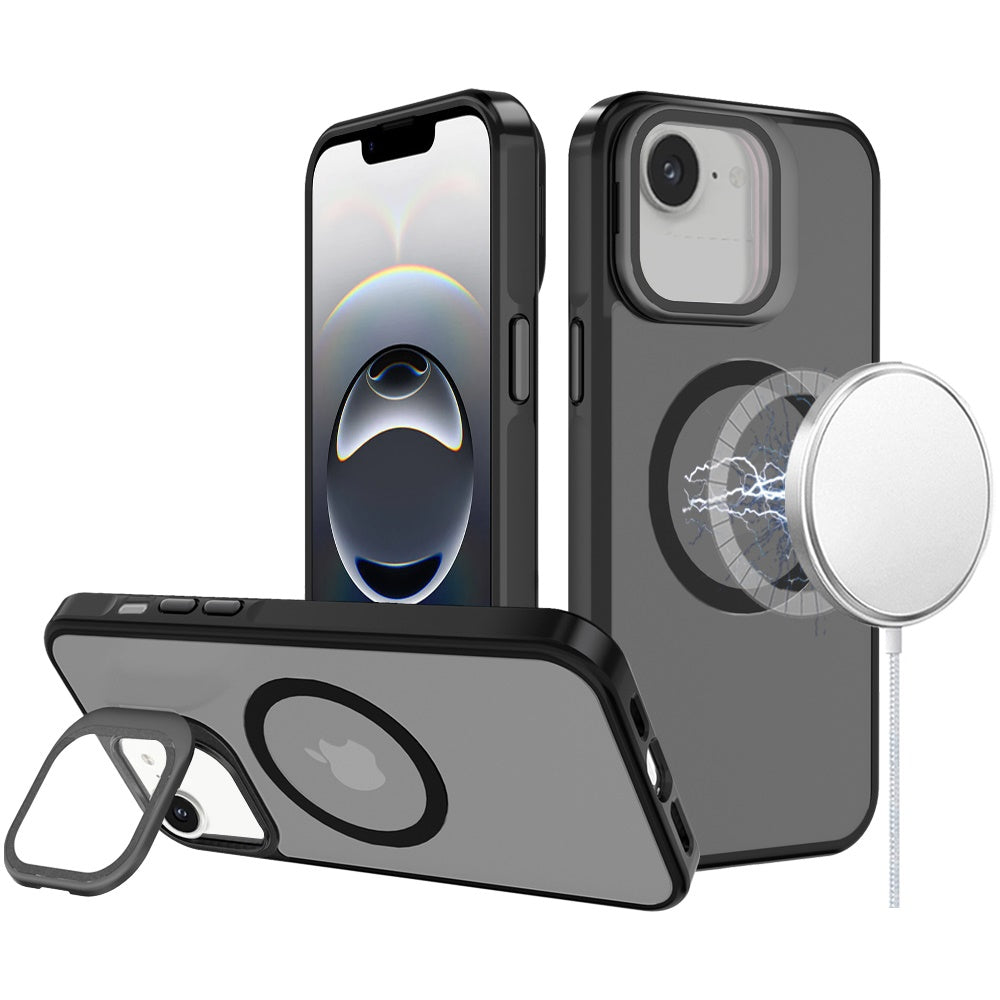 For Apple iPhone 16e Tough HQ Hybrid Case with Aluminum Frame Camera Stand, Compatible with MagSafe, Translucent Matte Shockproof Case Cover
