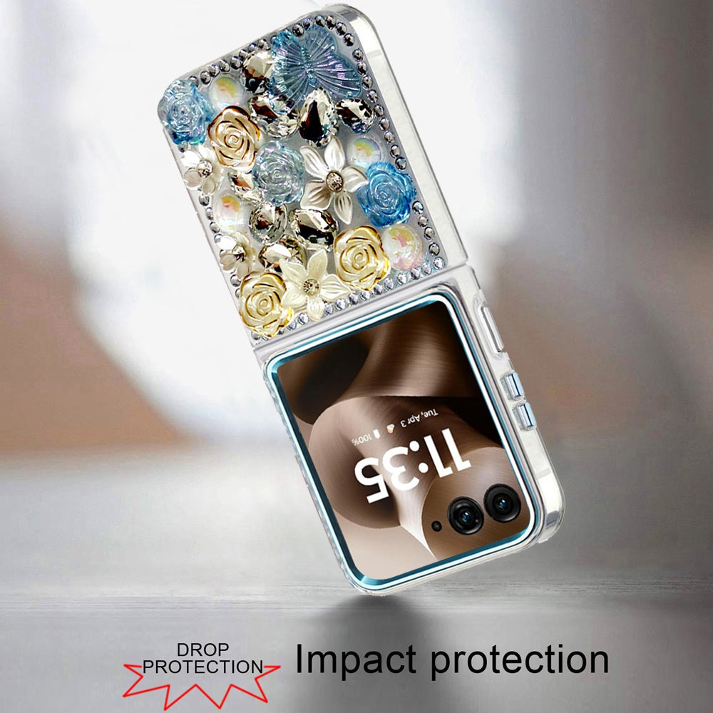 For Motorola Razr Ultra 2025 3D Diamond Floral Roses Flower Bling Stone Hybrid, Sparkly Rhinestone Gemstone Back Shockproof Case Cover