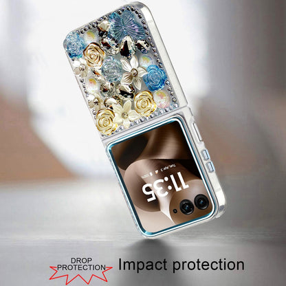 For Motorola Razr Ultra 2025 3D Diamond Floral Roses Flower Bling Stone Hybrid, Sparkly Rhinestone Gemstone Back Shockproof Case Cover