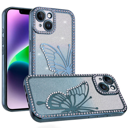For Apple iPhone 14 /13 Butterfly Glitter Diamond Shimmer Hybrid Slim & Stylish Electroplated Sparkly Bling Shockproof TPU Protective Case Cover