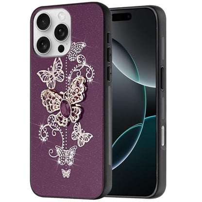 Phone Case for iPhone 16 Pro Max Diamond Glitter 3D Butterfly Engraved Luxury Bling Hybrid Shockproof Chrome Edge Protective Durable Grip Cover Purple
