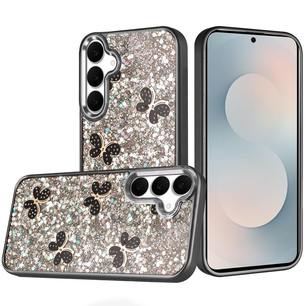 For Samsung Galaxy S26 Cute Butterfly Crystal Diamond Glitter Case Sparkle Bling Frame Metallic Edges, Shimmer TPU Hybrid Case Cover