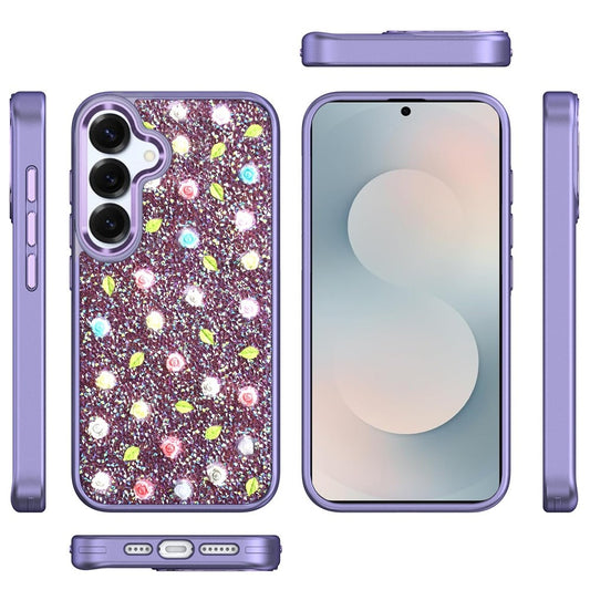 For Samsung Galaxy S26 Floral Design Embedded Glass Diamond Fancy Fashion Glitter Bling Sparkly Hybrid Rugged TPU Bumper Case Cover