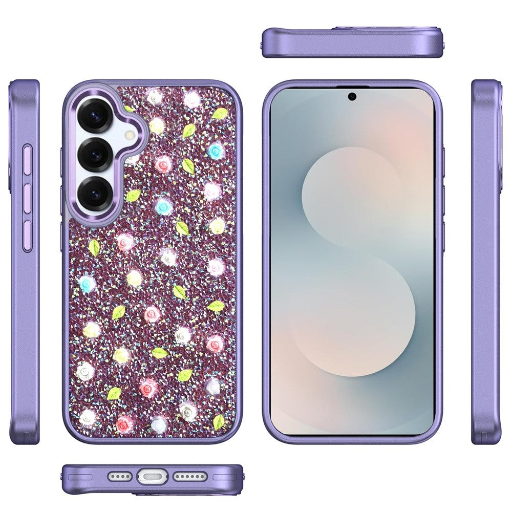 For Samsung Galaxy S26 Floral Design Embedded Glass Diamond Fancy Fashion Glitter Bling Sparkly Hybrid Rugged TPU Bumper Case Cover