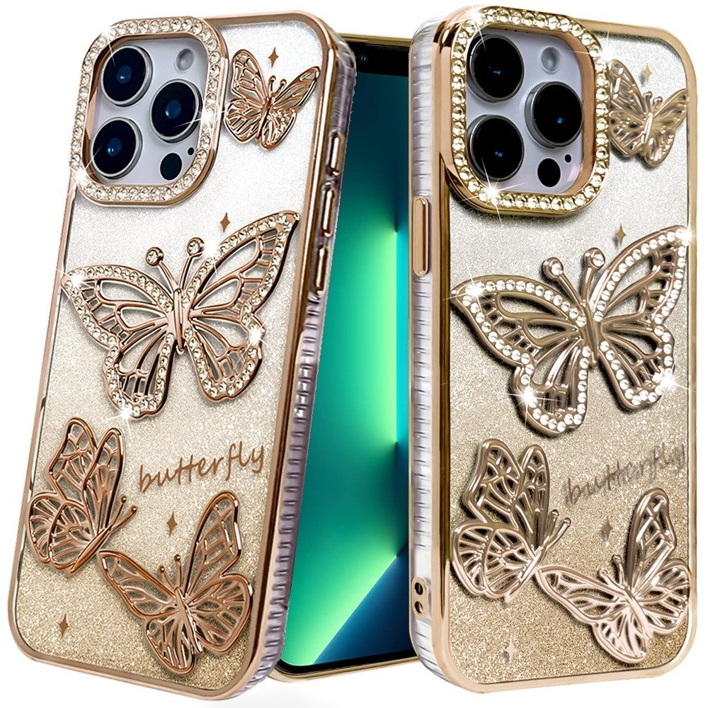 Phone Case for iPhone 15 Pro Max (6.7") Butterfly Freedom Shimmer Glitter Thick TPU Shockproof Anti Slip Durable Protective Design Cover Gold