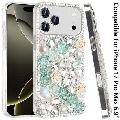 Phone Case for Apple iPhone 17 Pro Max Rose Flower Full Diamond Bling Rhinestone Glitter Luxury Stylish Sparkle Protective Designer Hybrid Cover