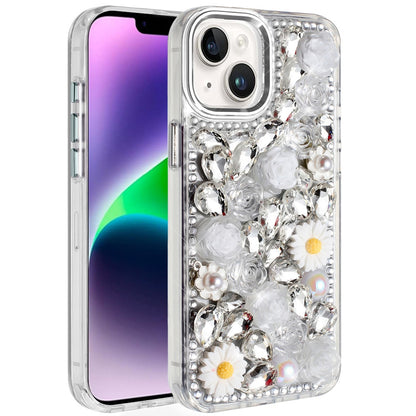 Phone Case for Apple iPhone 14 Full Bling Rhinestone Glitter Floral Luxury Hybrid Shockproof Stylish Sparkling Protective Designer Ornament Cover White