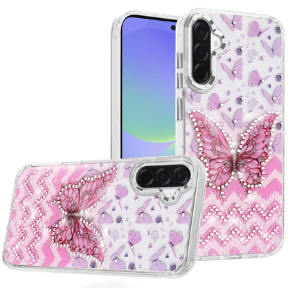 For Samsung Galaxy A37 Butterfly Resin Epoxy Diamond Design Metal Edged Hybrid Shockproof Heavy Duty Drop Protection Case Cover