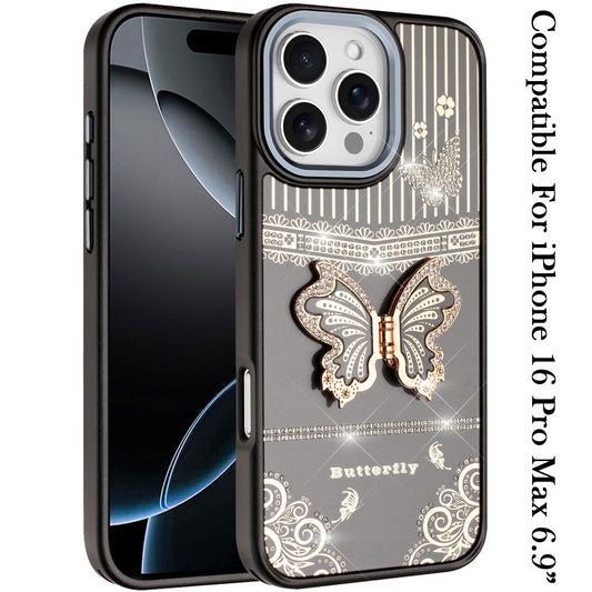 For iPhone 16 Pro Max (6.9") Glitter 3D Butterfly Design Bling Metallic Edge Hybrid Stand Drop Protection TPU Shockproof Protector
