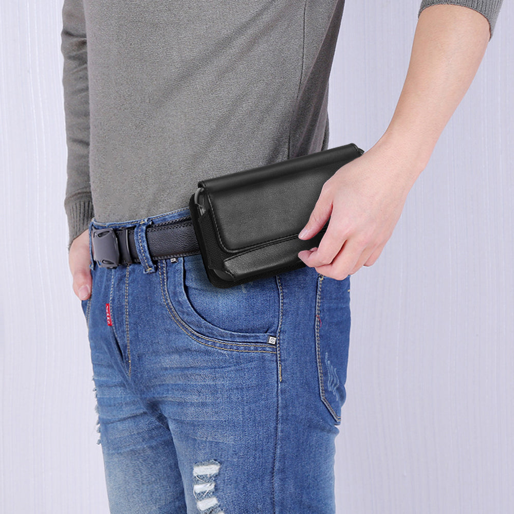 For Apple iPhone 16 Pro (6.3") Universal Phone Holder Horizontal Leather Nylon [Magnetic Closure] with Belt Clip Holster Loops Carrying Pouch XL Screen Size 6.3" [Black]