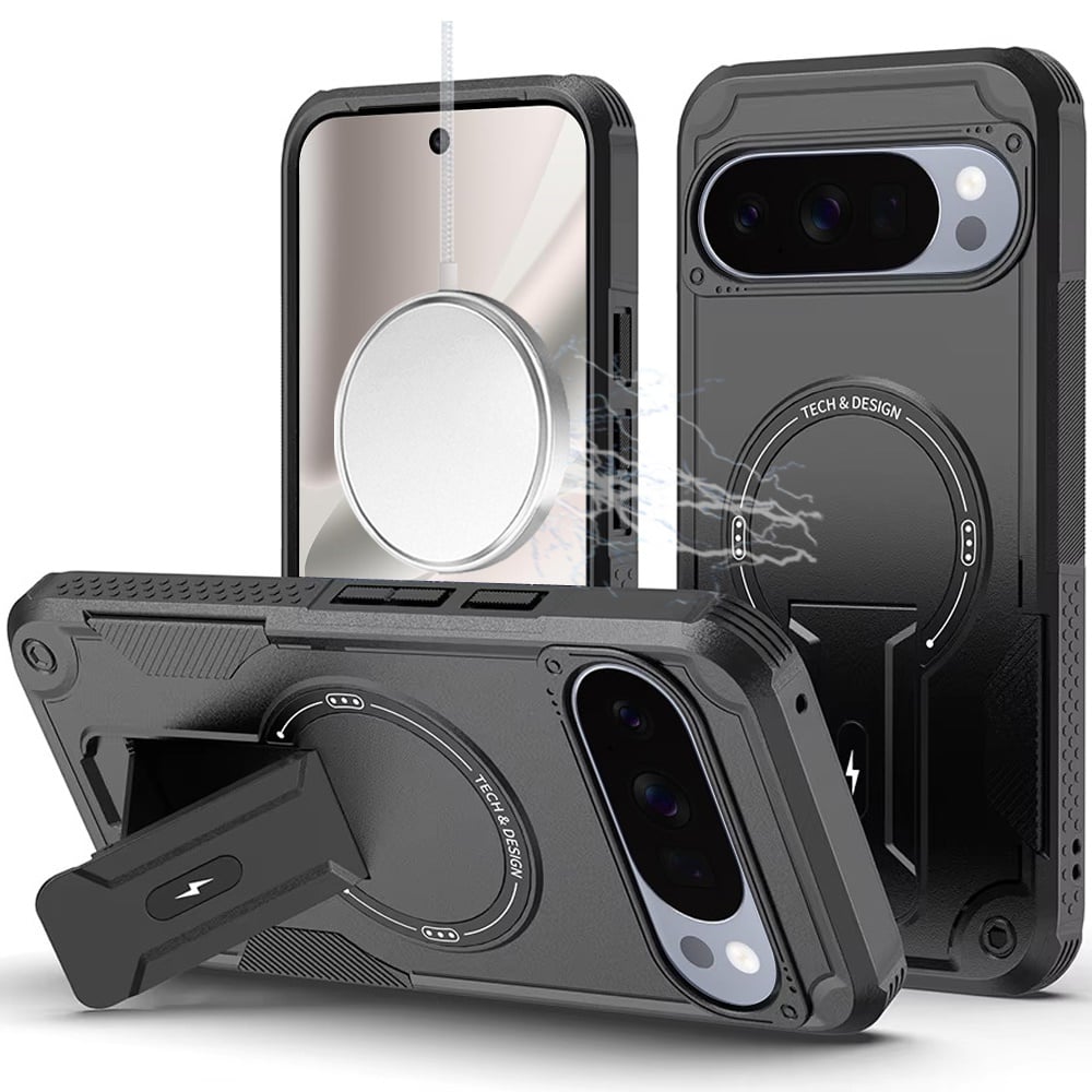 Phone Case for Google Pixel 10 Pro XL Magnetic Kickstand Rugged Shockproof Armor Grip Anti Slip Heavy Duty Protective Matte Stand Hybrid Cover Black