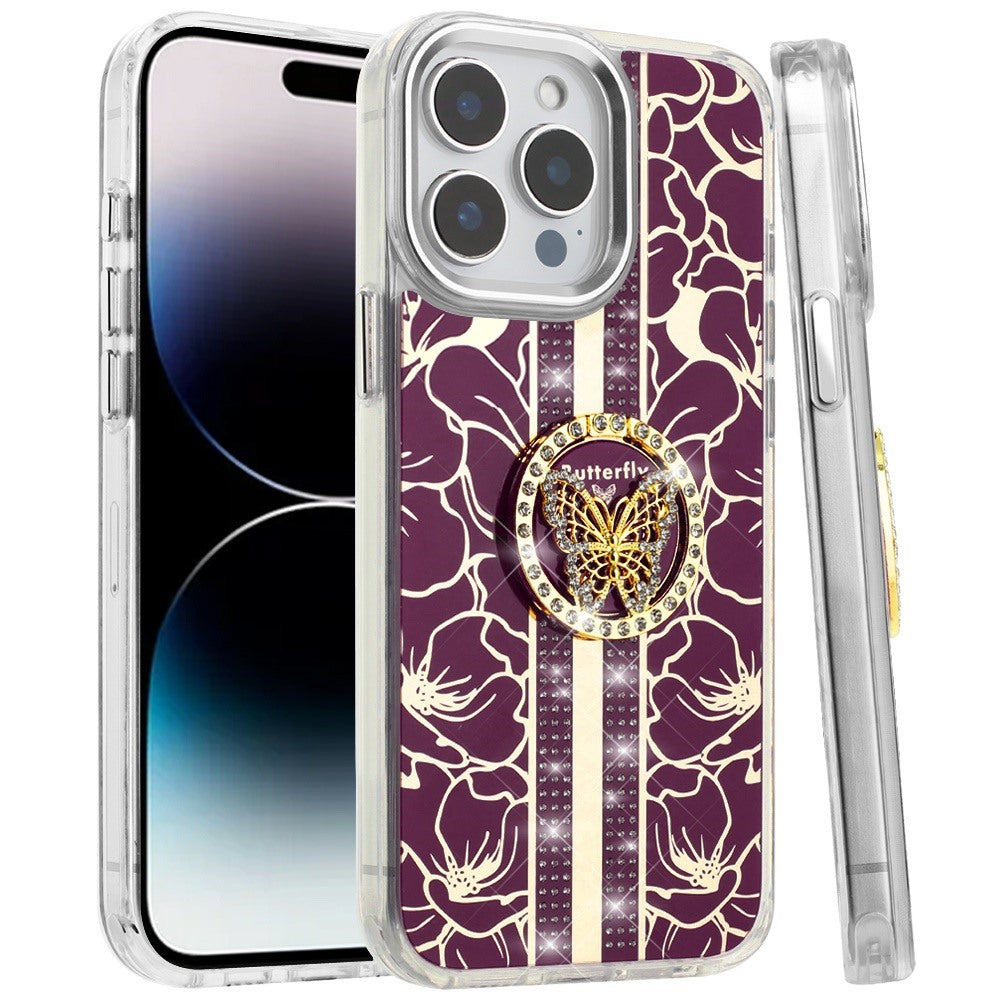 Phone Case for Apple iPhone 14 Pro Max Floral Butterfly Ring Stand Glitter Bling Shockproof Hybrid Luxury Fashion Protective Anti Slip Durable Grip Cover Purple