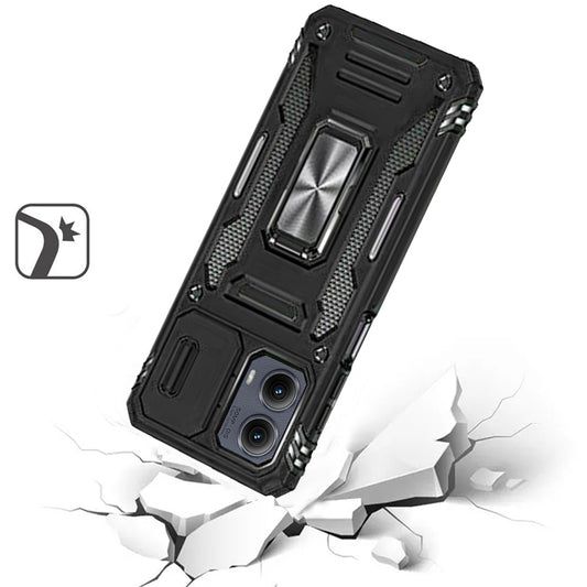 For Motorola Edge 2024 Tough Hybrid Case with Movable Camera Window & Metal Ring Stand Shockproof Case Cover Black