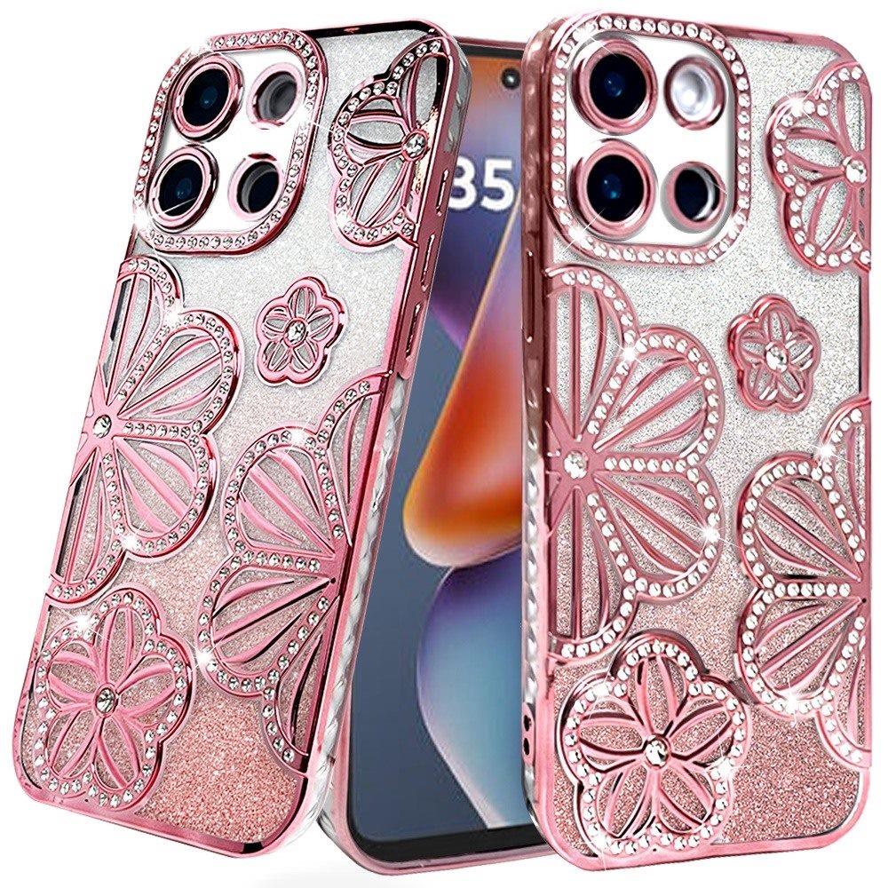 For Motorola Moto G 5G 2025 Luxury Flower Design Sparkle Glitter Diamond Rhinestone Shimmer Bling Plating Thick TPU Hard PC Case Cover