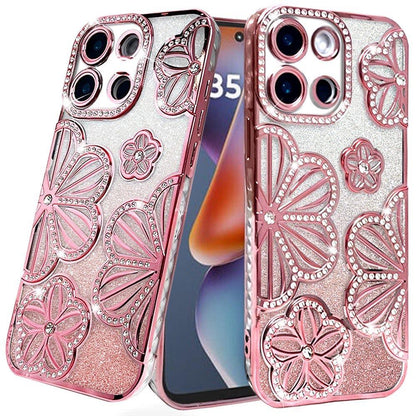 For Motorola Moto G Power 5G 2025 Luxury Flower Design Sparkle Glitter Diamond Rhinestone Shimmer Bling Plating Thick TPU Hard PC Case Cover