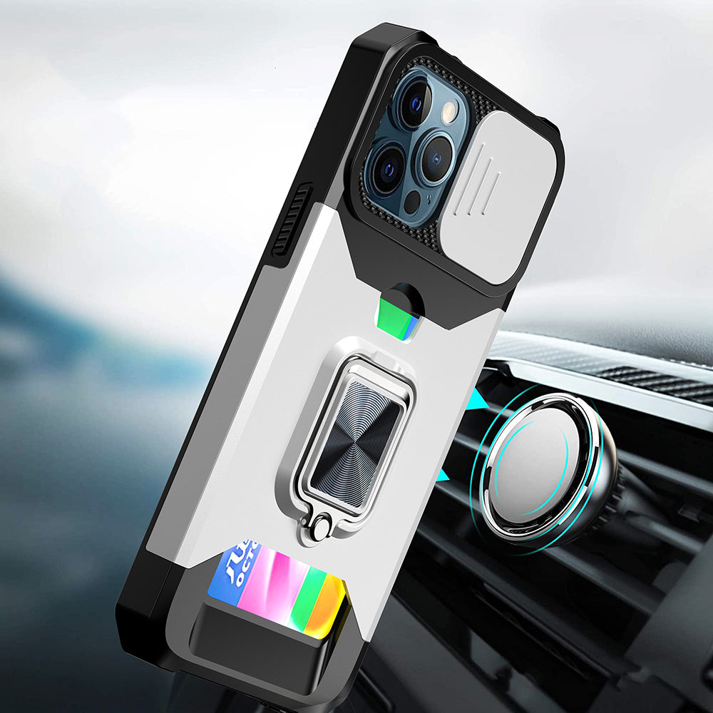 For Motorola Moto G 5G /Moto G 2025 Wallet Case with Ring Stand & Slide Camera Cover Back Credit Card Slot Holder, Military Grade Case Cover Silver