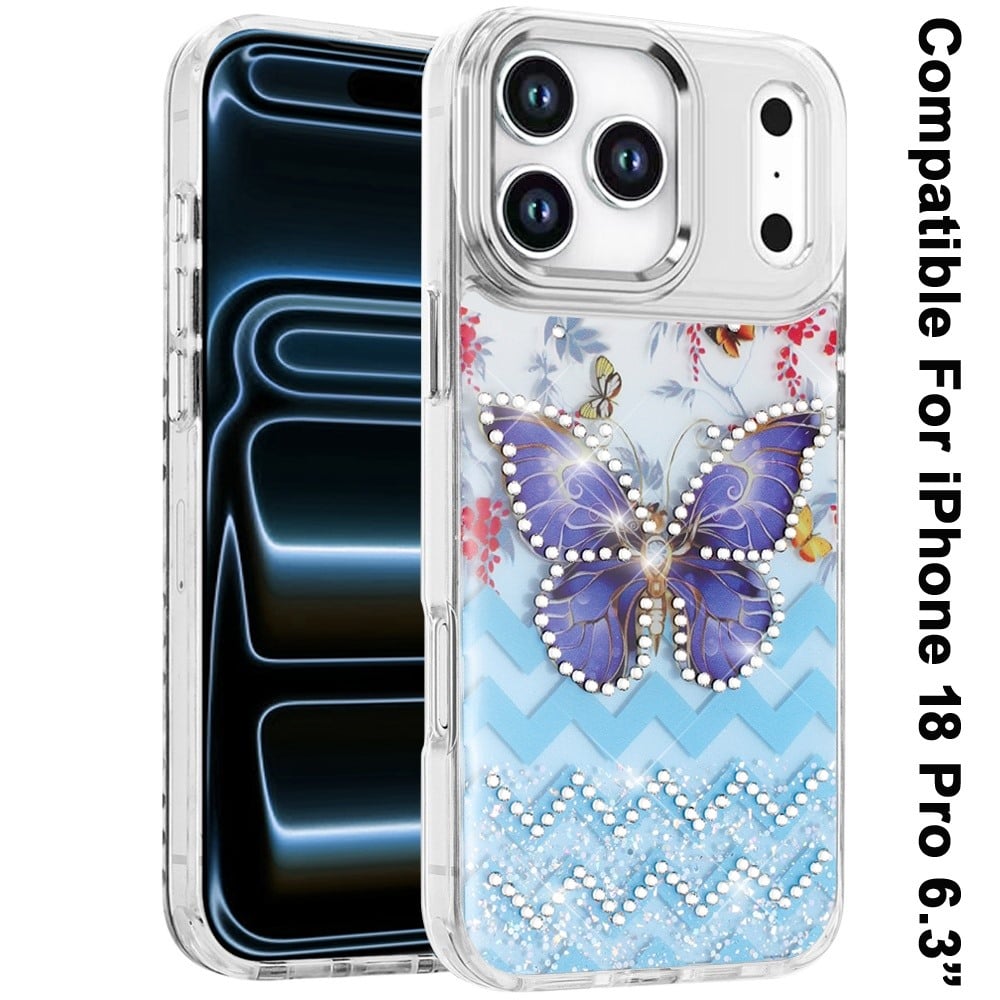 Phone Case for Apple iPhone 18 Pro Butterfly Resin Epoxy Diamond Bling Metal Edge Shockproof Hybrid Luxury Protective Durable Stylish Fashion Grip Cover