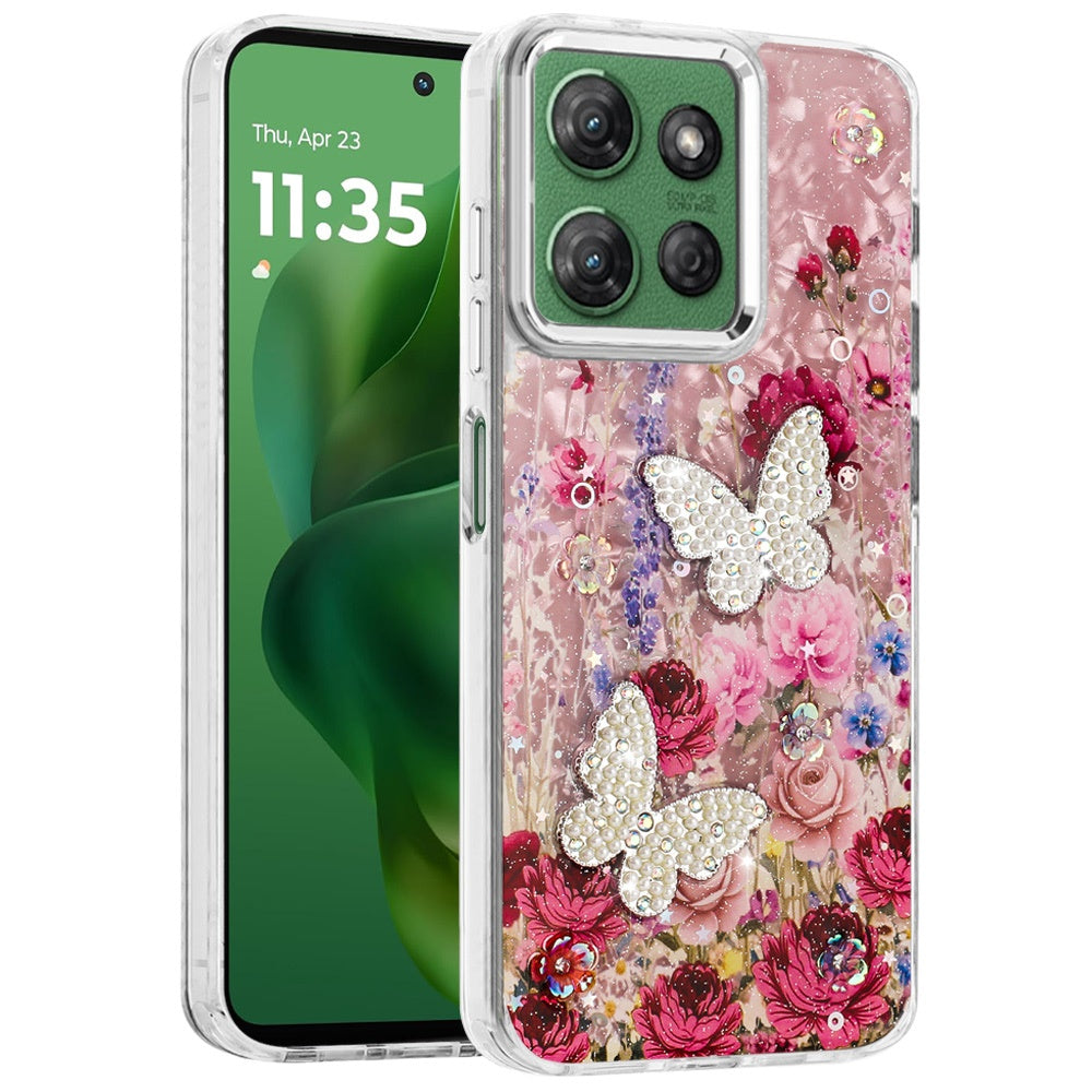 For Motorola Moto G Power 5G 2025 Epoxy Glitter Flowers Bling 3D Butterfly Fashion TPU Hybrid with Shockproof Protection Case Cover
