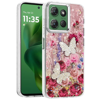For Motorola Moto G Power 5G 2025 Epoxy Glitter Flowers Bling 3D Butterfly Fashion TPU Hybrid with Shockproof Protection Case Cover