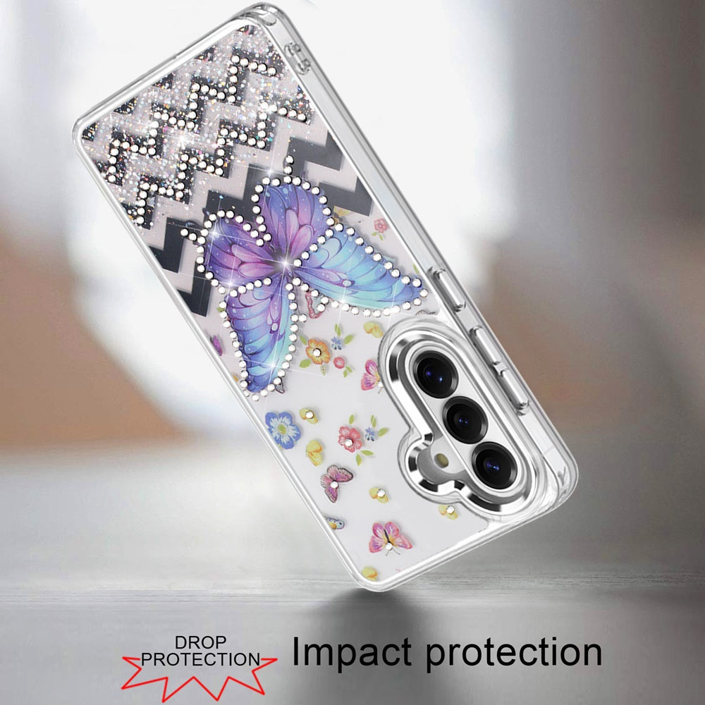 For Samsung Galaxy S25 FE /S25 Fan Edition Butterfly Resin Epoxy Diamond Design Metal Edged Hybrid Shockproof Heavy Duty Drop Protection Case Cover