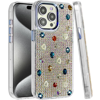 Phone Case for Apple iPhone 15 Pro Max Chrome Fashion Hybrid Bling Diamond Heart Rhinestone Decorative Stones Sparkling Embellished Design Cover
