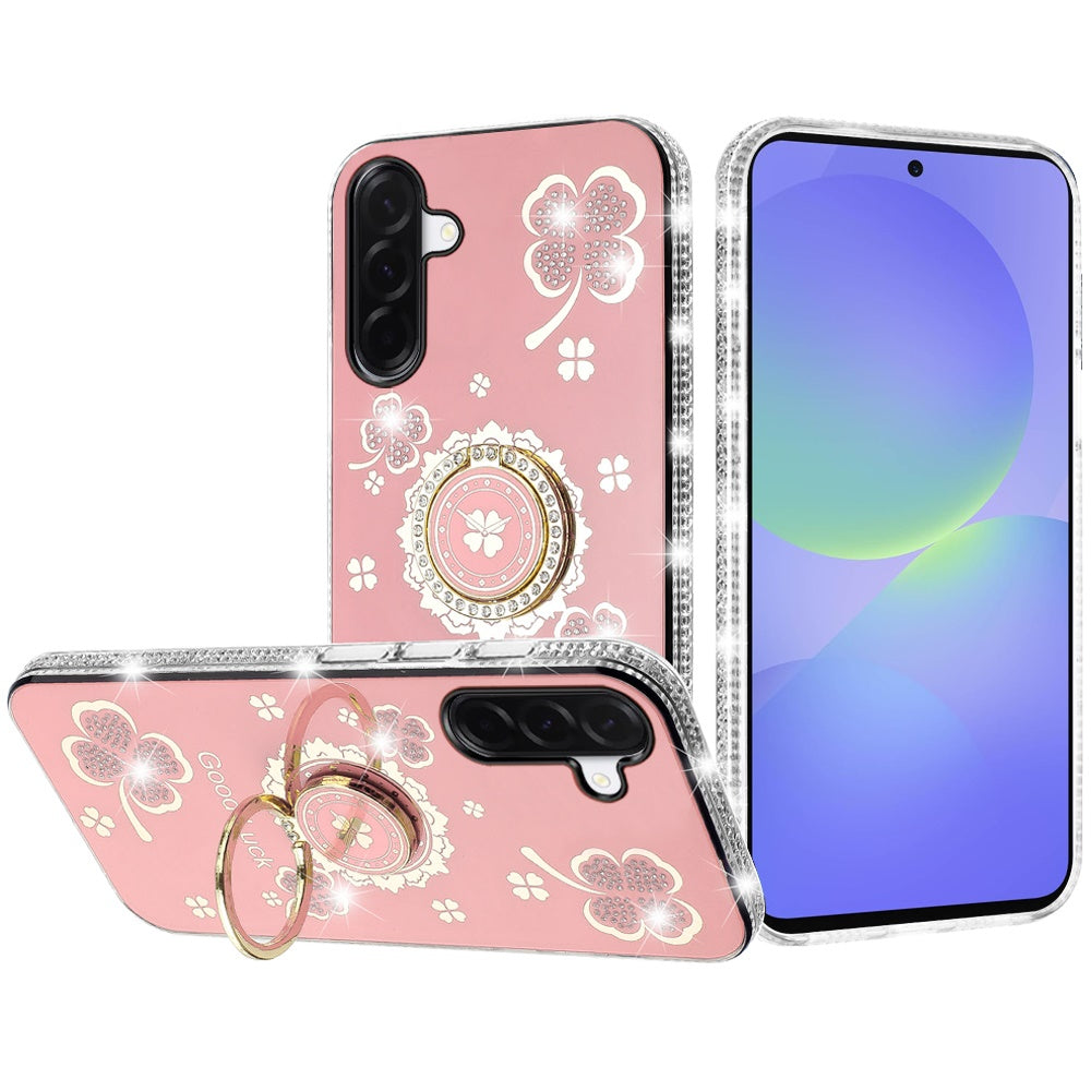 Phone Case for Samsung Galaxy A37 / A36 Glitter Diamond Ring Stand Sparkle Rhinestone Edge AntiSlip Kickstand Luxury Fashion Bumper Shockproof Cover Pink