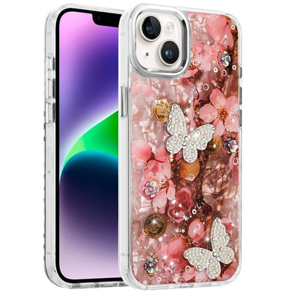 For iPhone 14/13 (6.1") Epoxy Glitter Flowers Bling 3D Butterfly Fashion TPU Hybrid with Shockproof Protection Case Cover Rose Gold