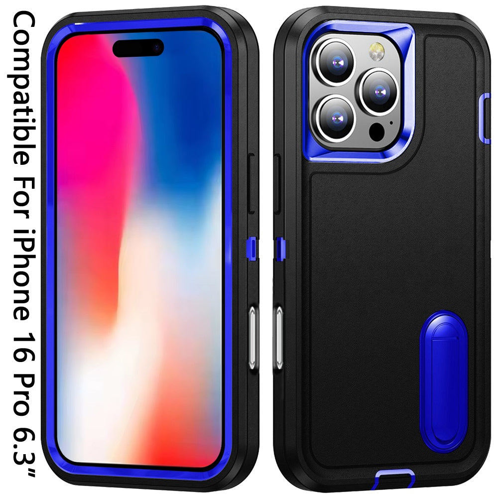 For Apple iPhone 16 Pro Hybrid 3 Layers Hard 3in1 Shockproof with Kickstand Heavy Duty Hard TPU Rubber Anti-Drop Case Cover Black +Black