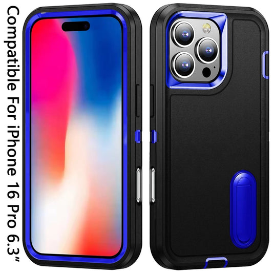 For Apple iPhone 16 Pro Hybrid 3 Layers Hard 3in1 Shockproof with Kickstand Heavy Duty Hard TPU Rubber Anti-Drop Case Cover Black +Dark Blue
