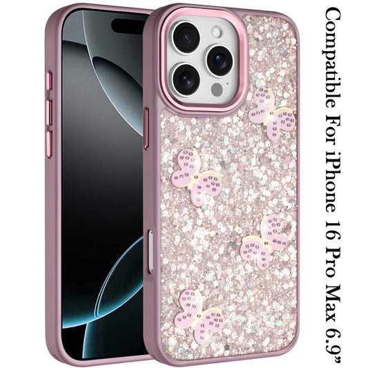 Phone Case for Apple iPhone 16 Pro Max Cute Butterfly Diamond Glitter Metallic Hybrid Shockproof Shimmer Grip Stylish Protective Luxury Designer Cover Pink