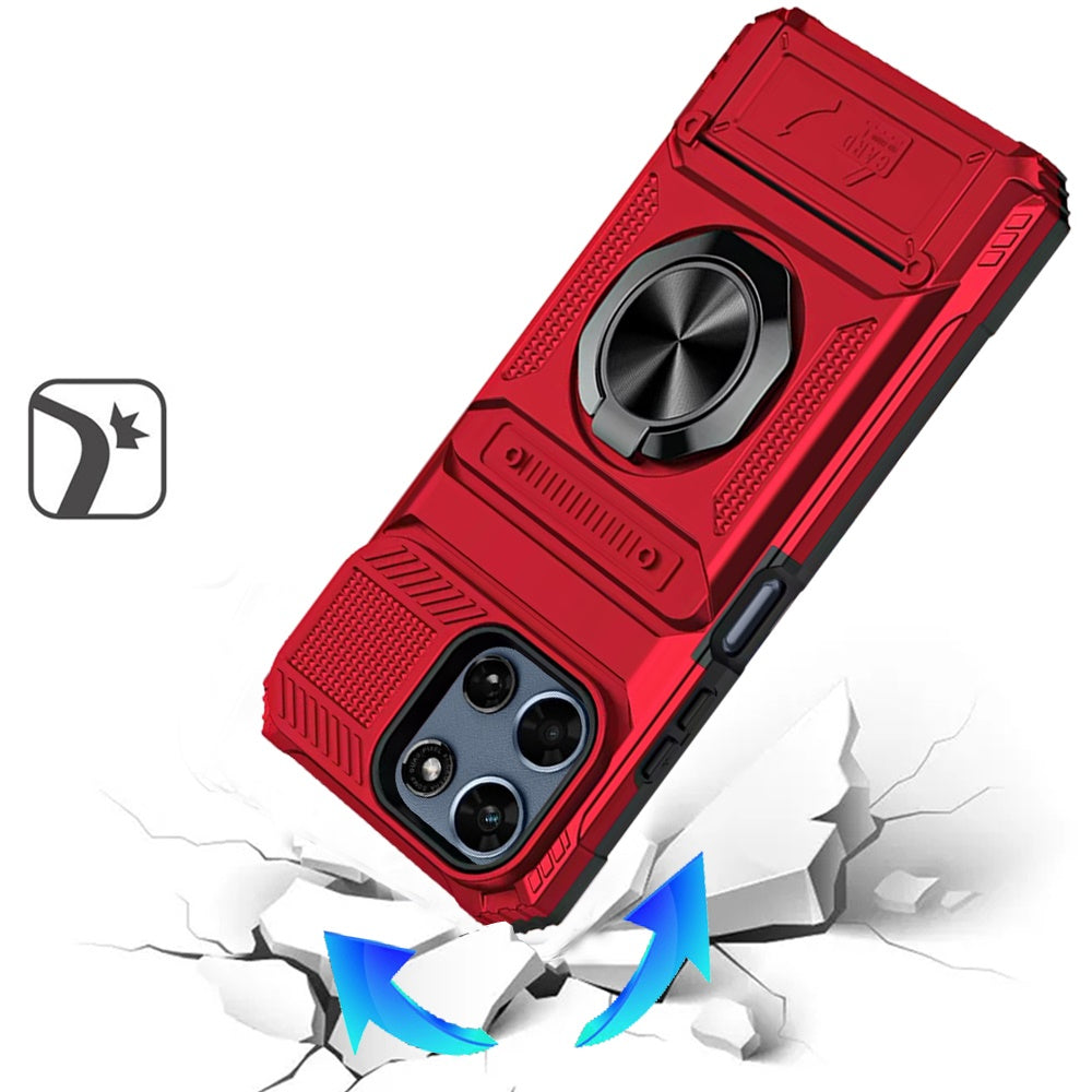 For Motorola Moto G Play 5G 2026 2X Card Slot Metal Ring Stand Hybrid Shockproof Heavy Duty Drop Protection Multi Functional Design Case Cover Red
