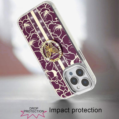 Phone Case for Apple iPhone 13 Pro Max Floral Butterfly Ring Stand Glitter Bling Shockproof Hybrid Luxury Fashion Protective Anti Slip Durable Grip Cover Purple