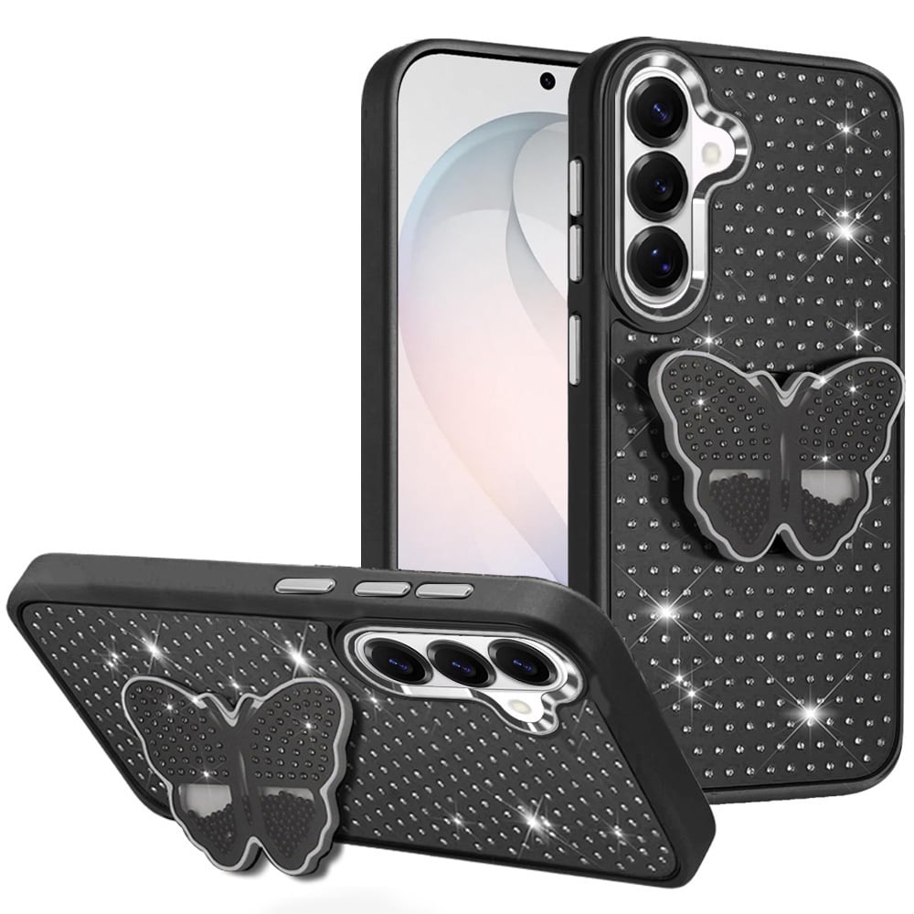 Phone Case for Samsung Galaxy S26 FE /Fan Edition Butterfly Grip Pop Stand Diamond Sparkle Hybrid Shockproof Metal Button Slim Protective Grip Decorative Design Cover