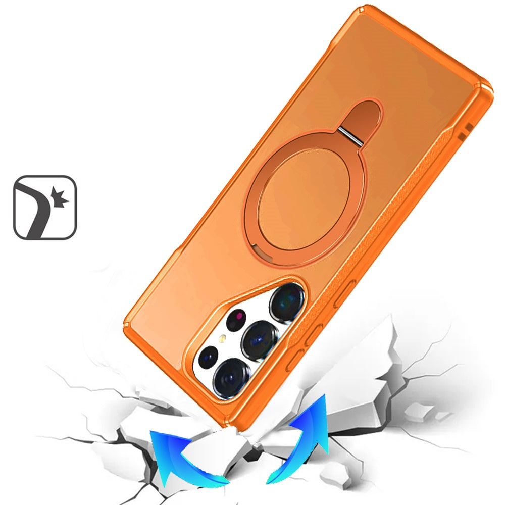 For Samsung Galaxy S25 Ultra Matte Finish Magnetic Ring Hybrid Protective Invisible Kickstand Magsafe Compatible Case Cover Cosmic Orange