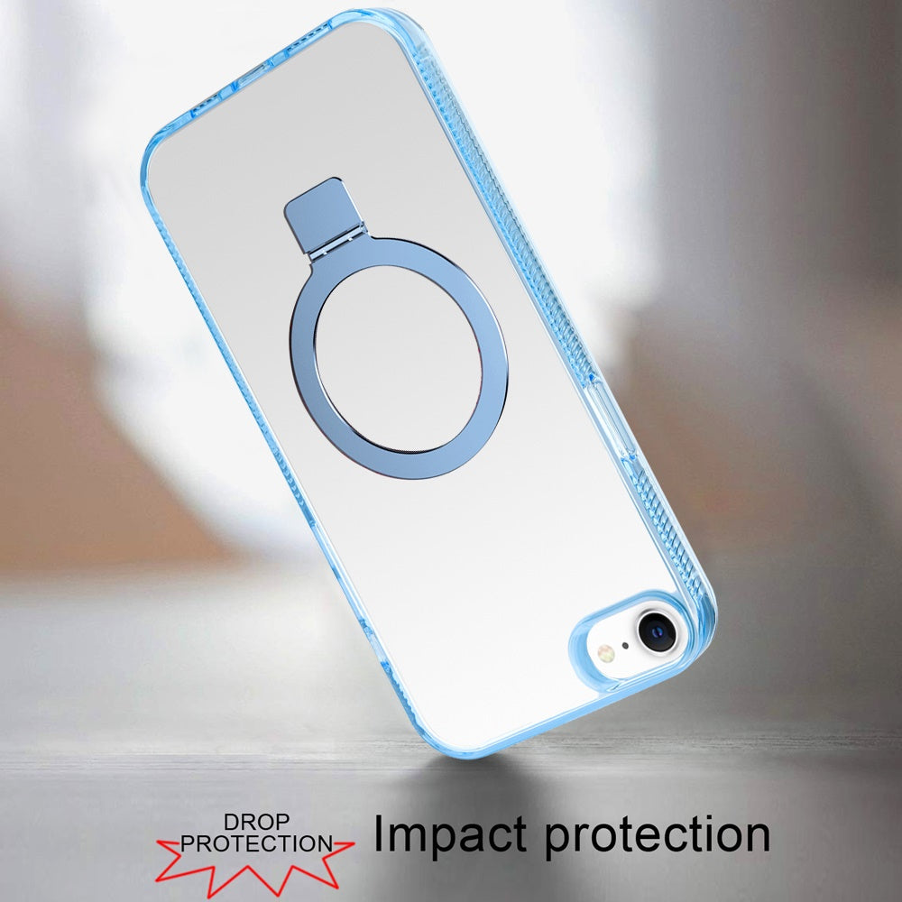 For Apple iPhone 17E /16E Transparent Magnetic Ring Circle Stand with MagSafe Compatible Hybrid Dotted Edged Hard PC Shockproof Case Cover Light Blue