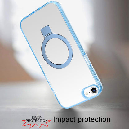 For Apple iPhone 17E /16E Transparent Magnetic Ring Circle Stand with MagSafe Compatible Hybrid Dotted Edged Hard PC Shockproof Case Cover Light Blue