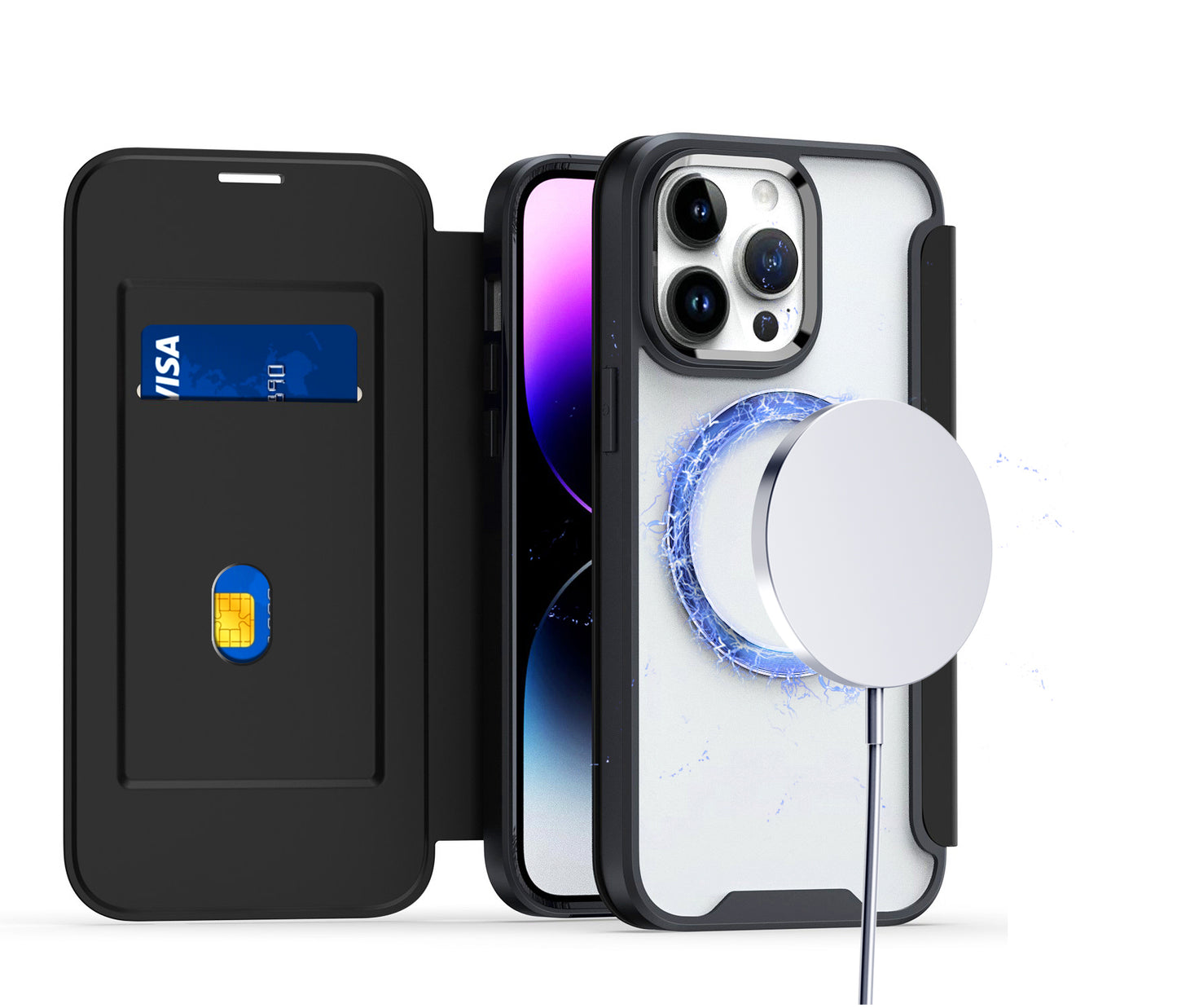 For Apple iPhone 16 (6.1") Flap Wallet Case Credit Card Slot, Clear TPU Back Hard [Magnetic Circle] Compatible with Magsafe Case Cover Black