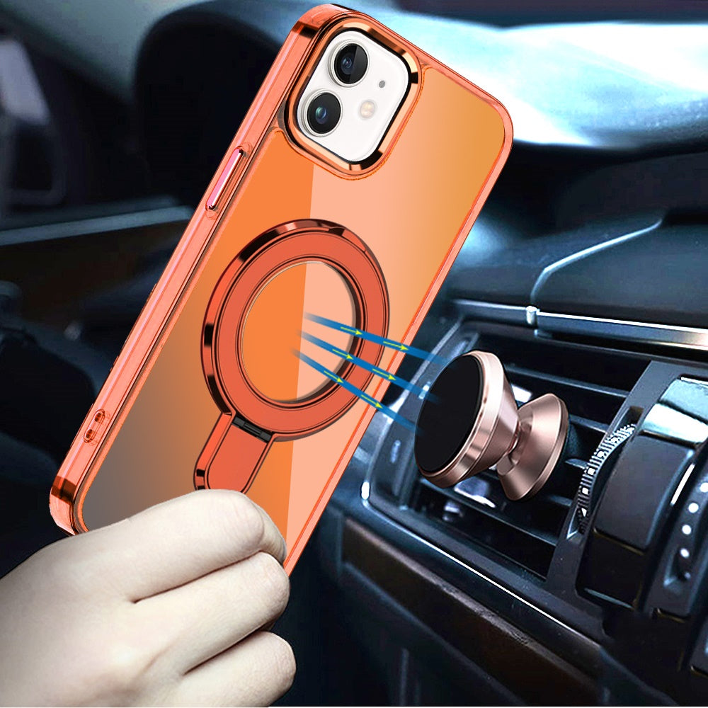 For Apple iPhone 11 Chrome Hybrid with Rotating Magnetic Circle Ring Stand, Slim Shockproof Hybrid Case Cover Cosmic Orange