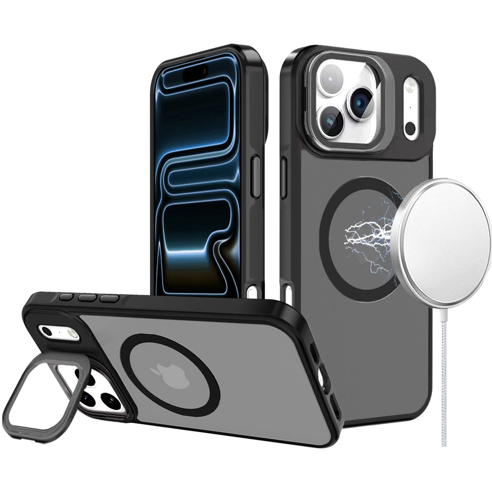 Phone Case for Apple iPhone 17 Pro Max Magnetic Circle Camera Stand Aluminum Frame Shockproof Rugged Kickstand Metallic Button Hybrid Protective Durable Grip Cover Black