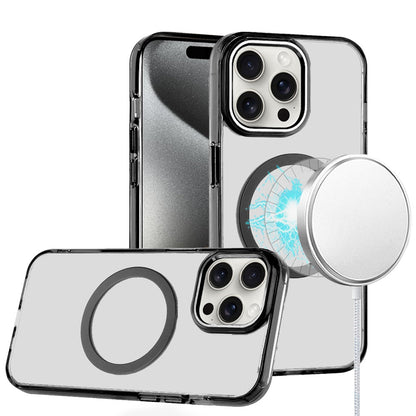 For Apple iPhone 15 Pro Max Transparent Back Hybrid Case - Magnetic Circle, Color Frame, Metal Buttons, MagSafe Compatible Case Cover