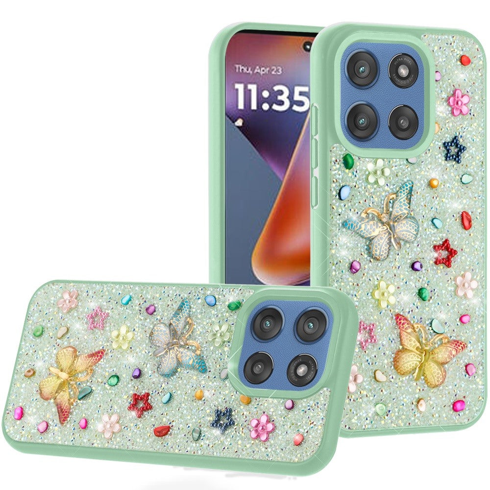 For Motorola Moto G 5G 2025 Diamond Butterfly 3D Glitter Bling Design, Slim Hybrid Sparkle Protective Cover TPU for Women Girls Case Cover Teal