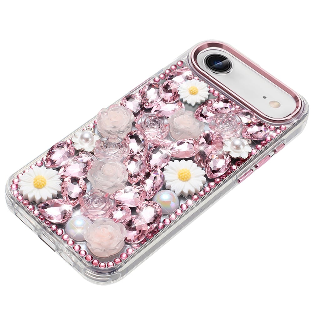 For Apple iPhone 17 Air (6.6") Fashion Daisy Floral Series, Full 3D Bling Crystal Diamonds Sparkling Rhinestone Glitter Hybrid Design Case Cover