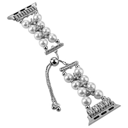 Watch Band for Apple Watch 42/44/45/46mm & Ultra 49mm, Series 4-10 & SE Pearls Fashion Bling Strand Metal Adjustable replacment Bracelet Style with Secure Watch Attachment White