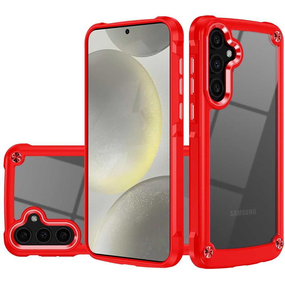 For Samsung Galaxy A26 Hybrid Transparent Rubber with Metal Buttons & Camera Edges Hard TPU Corner Frame Bumper Case Cover Red